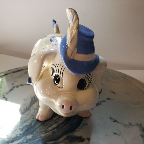 Vintage Big Pig w/Feathered Hat, Collar & Butterflies - Picture 2 of 14